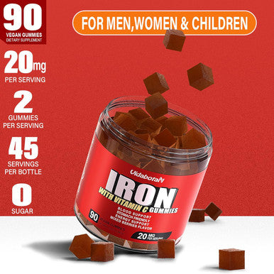 Sugar Iron Gummies For Women Men & Kids-Iron Supplement 20Mg With Vitamin C For Iron Deficiency, No Rust Taste, Gentle Iron For Stomach, Mixed Berries Flavor, 90 Vegan Gummies.