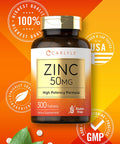 Carlyle Zinc 50Mg 300 Tablets Vegetarian, Non-Gmo, And Gluten Supplement Zinc Gluconate High Potency Formula