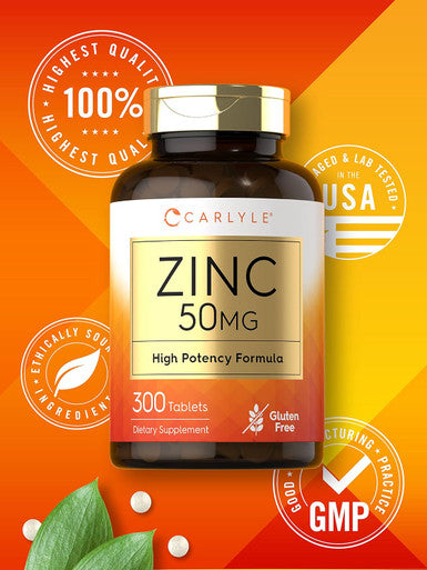 Carlyle Zinc 50Mg 300 Tablets Vegetarian, Non-Gmo, And Gluten Supplement Zinc Gluconate High Potency Formula