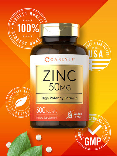 Zinc 50Mg | 300 Tablets | Vegetarian, Non-Gmo, And Gluten Free Supplement | Zinc Gluconate | High Potency Formula | By Carlyle