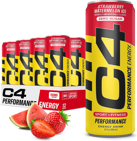 Cellucor C4 Performance Energy Drink | Strawberry Blast | Zero Sugar Carbonated Preworkout Energy | 200mg Caffeine with Beta Alanine | 16 Fl Oz (12 Pack)