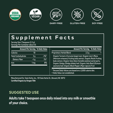 Gaia Herbs Mind Spring - Herbal Mushroom Supplement Powder to Help Maintain Brain Health and Recall-with Lions Mane, Turmeric Curcumin,and Ginkgo-USDA Certified Organic-3.53 Oz(Up to 45-Day Supply)
