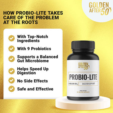 Golden After 50 ProbioLite Acid Reflux Relief and Probiotics for Men and Women 30 Gelatin Capsules 6 Billion CFU of Probiotics for Gut Health Support for Heartburn Gas Relief Indigestion