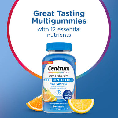 Centrum Multigummies Multi+ Dual Action Mental Focus Adult Multivitamin With Caffeine From Green Tea Supports Mental Focus Attention And Alertness Lemon/Orange Flavors - 90 Count