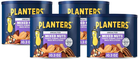 PLANTERS Mixed Nuts Unsalted, Party Snacks, Plant-Based Protein, 10.3 oz Canister