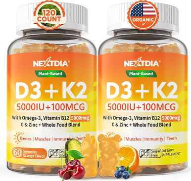 Organic Plant D3 5000 Iu + K2(Mk-7)100 Mcg -5X Absorption Than Standard D3K2, 100% Whole Food Derived Omega-3,Methyl B12,Vitamin C, Zinc,And 5 Organic Vegetables,Supports Bone & Teeth Strength, Immune