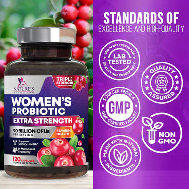 Nature'S Nutrition Probiotics for Women with Prebiotics - Women's Probiotics 90 Billion CFU 16 Strains for Digestive Health Vaginal Probiotic PH & Immune Support for Women D-Mannose with Cranberry - 120 Capsules