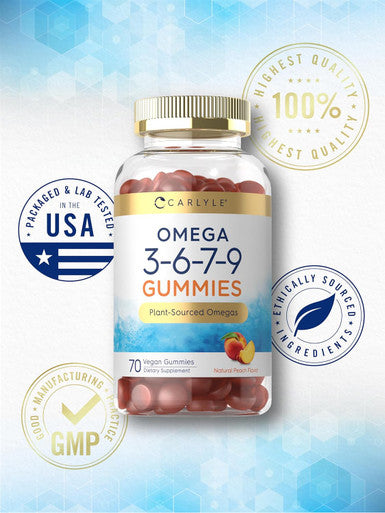 Carlyle Omega 3 6 7 9 Gummies | 70 Count | Vegan Plant Sourced Supplement | Peach Flavor