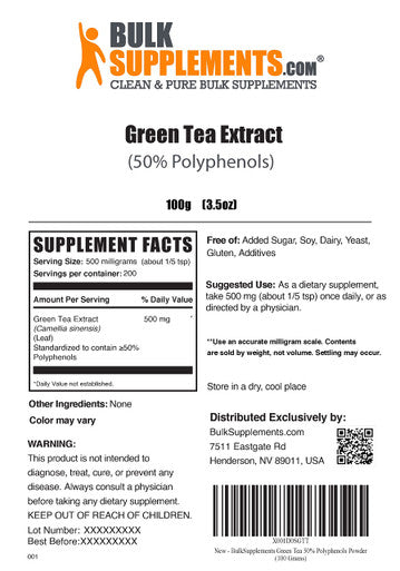 BulkSupplements Green Tea Extract Powder (50% Polyphenols) - Green Tea Supplement for Antioxidants Support - - 500mg , 200 Servings (100 Grams - 3.5 oz)