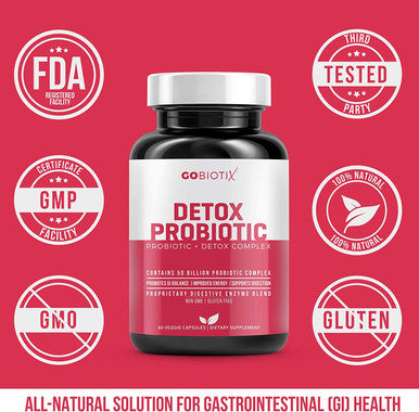 Detox Probiotic Supplement by GoBiotix Ultimate Flora Probiotic for Women Men 50 Billion CFU of Probiotics Prebiotics Digestive Enzymes for Gut Liver Health Shelf Stable 60 Caps
