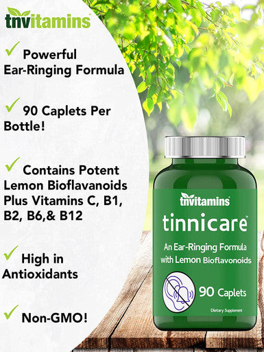 tnvitamins Tinnicare: A Comprehensive Ear-Ringing Relief Formula with Lemon Bioflavonoids, Vitamin C, & Vitamins B1, B2, B6, & B12 | 90 Caplets
