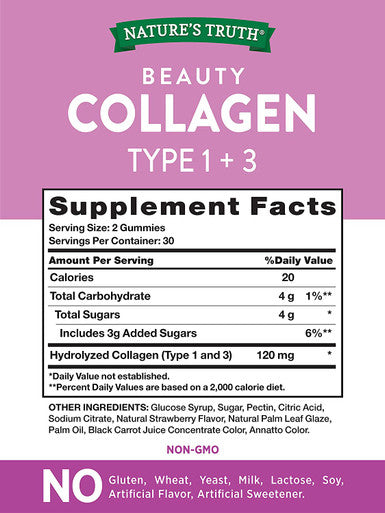 Nature's Truth Beauty Collagen Gummies | 60 Count Type 1 and 3 | Natural Strawberry Flavor | Non-GMO, Gluten Collagen Peptide Supplement