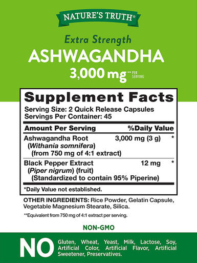Ashwagandha Capsules | 3000mg | Extra Strength | 90 Count | Non-GMO & Gluten | Ashwagandha Root Supplement | by Natures Truth