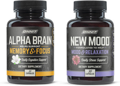 Onnit Premium Alpha Brain Bundle - Nootropic Brain Supplement (30 Count) for Focus Concentration & Memory + Mood Supplement for Stress Relief Sleep and Mood (30 Count)