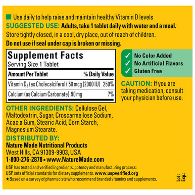 Nature Made Vitamin D3 400 Tablets Mega Size Vitamin D 2000 Iu (50 Mcg) Helps Support Immune Health Strong Bones And Teeth & Muscle Function 250% Of Daily Value For Vitamin D In One Daily Tablet