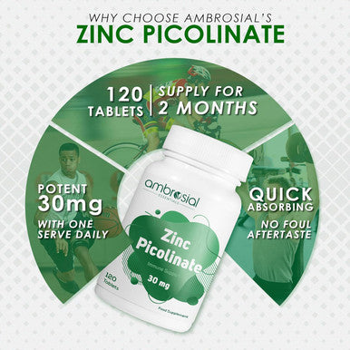 Ambrosial Ambrosial Zinc Picolinate 30mg | High Strength Zinc Mineral Supplement for Immune Support Bones Hair Skin & Nails (Pack of 1-120 Tablets)