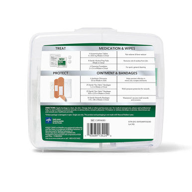 Curad Compact First Aid Kit with Over-The-Counter MedicineAll PurposeFlex-Fabric and Butterfly BandagesAntibiotic OintmentCleansing TowelettesAlcohol Prep PadsAcetaminophenCarry Case 80 Count