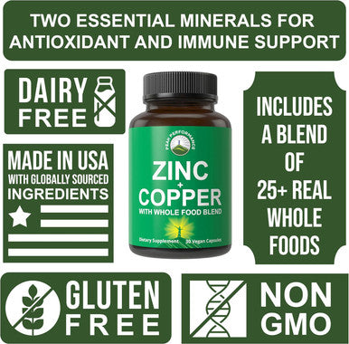Zinc With Copper + Whole Food Blend Of 25 Vegetables And Fruits For Max Absorption. Immune Support Supplement Capsules. Two Essential Minerals For Immunity. Zinc Vitamin Pills For Men And Women.
