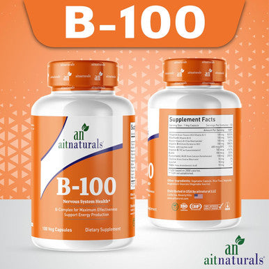 Aitnaturals Vitamin B-100 (100 Capsules) | Enriched B complex (B1 B2 B3 B5 B6 B7 B9 & B12) for Energy Production Mood & vitality Immune support Healthy Hair Skin Nails & Cognitive function