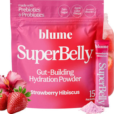 Blume SuperBelly Mango Passion Fruit Gut Health + Hydration 15 Sticks Sugar Free Daily Probiotics Prebiotic Fiber Vit C and Electrolytes Powder Packets