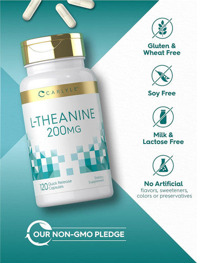Carlyle L-Theanine 200mg Supplement | 120 Capsules | Non-GMO Gluten