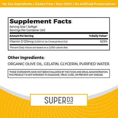 Orgain Super Vitamin D3 Supplement 5000iu 125mcg Immune Bone and Mood Support Organic Olive Oil for Better Absorption 8 Month Supply 240 Softgels