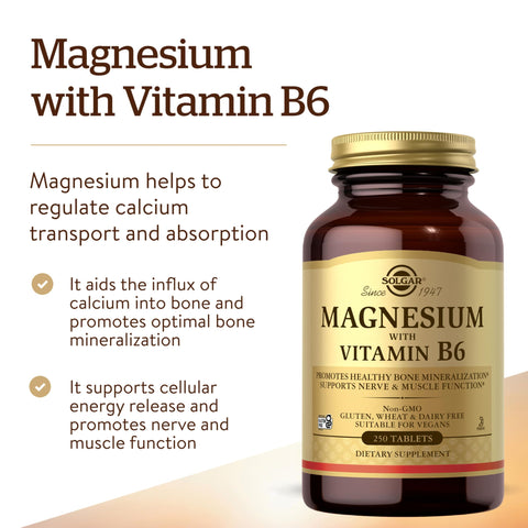 Solgar Magnesium With Vitamin B6 250 Tablets - Promote Healthy Bone Mineralization Support Nerve & Muscle Function Energy Metabolism - Non-Gmo Vegan Gluten Free Dairy Free Kosher 83 Servings