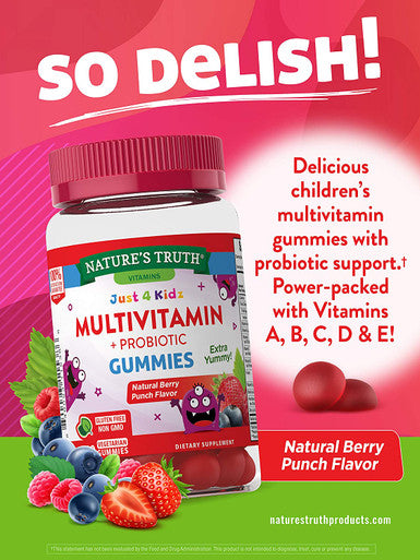 Kids Multivitamin Gummies with Probiotics | 60 Count | Vegetarian, Non-GMO, Gluten Supplement | Vitamin C, D3 & Zinc | Berry Punch Flavor | by Nature's Truth
