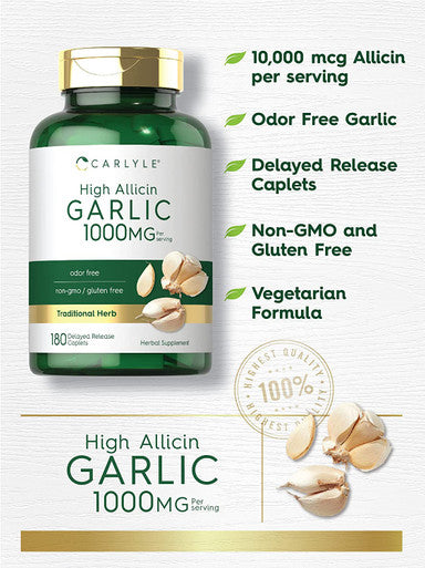 Carlyle High Allicin Garlic Supplement | 180 Caplets | Odorless Garlic Pills | Vegetarian, Non-GMO, Gluten Free