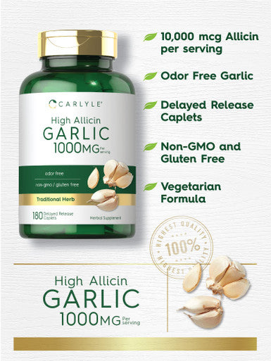 Carlyle Garlic Supplement With High Allicin | 180 Caplets | Odorless Garlic Pills | Vegetarian, Non-Gmo, Gluten Free