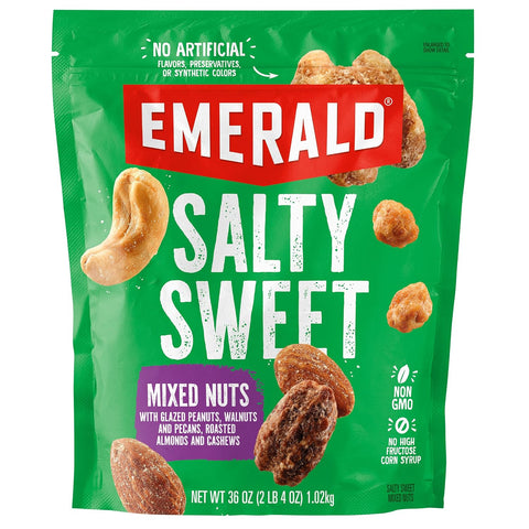 Emerald Nuts Salty Sweet Mixed Nuts (1-Pack), Features Kettle Glazed Peanuts, Almonds, Cashews, Kettle Glazed Walnuts, Kettle Glazed Pecans, 5.5oz Resealable Bag