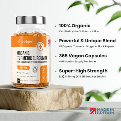 High Strength Turmeric & Black Pepper Capsules 2160Mg, 365 Caps/4 Months, Organic Turmeric Ginger & Black Pepper Capsules, Turmeric Curcumin Capsules (Not Tablets) Vitabright Tumeric Supplement Joints