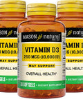 Mason Natural Vitamin D3 250 mcg (10000 IU) - Supports Overall Health, Strengthens Bones and Muscles, from Corn Oil, 30 Softgels (Pack of 3)