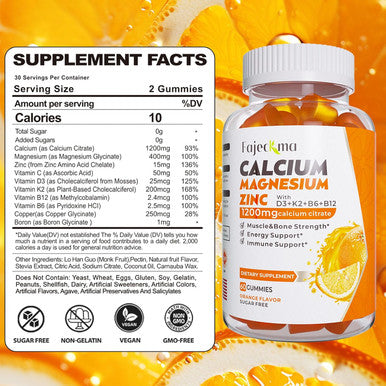 Calcium Magnesium Zinc Gummies For Adult: 1200Mg Calcium Citrate With Vitamin D3 K3 - Natural Organic Sugar High Absorption Supplement For Women Men Kids(60Count)