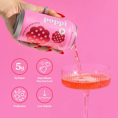 Poppi Sparkling Prebiotic Soda Beverage with Apple Cider Vinegar Seltzer Water and Fruit Juice Raspberry Rose Flavor 12 oz Pack of 12