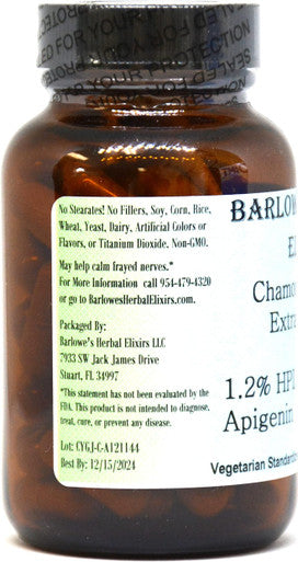Barlowe's Herbal Elixirs Chamomile Extract - 1.2% Apigenin - 60 600mg VegiCaps - Stearate Free, Bottled in Glass!