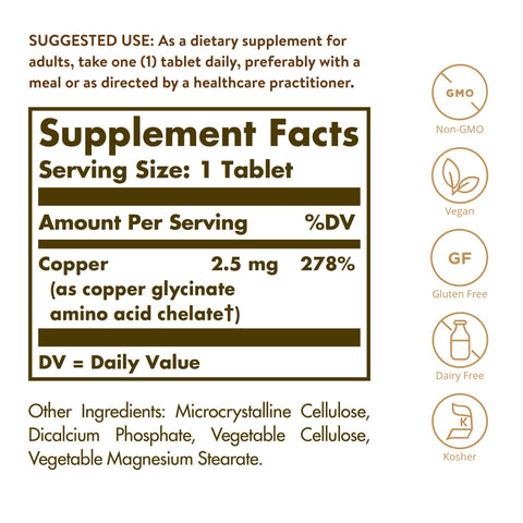 Solgar Chelated Copper 100 Tablets - Essential For Collagen Formation - Highly Bioavailable Form - Supports Connective Tissue - Non-Gmo Vegan Gluten Free Dairy Free Kosher 100 Servings