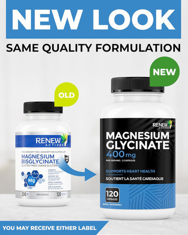 RENEW ACTIVES Magnesium Glycinate 400MG per 2 Capsules Pure Magnesium Bisglycinate for Full Body Relaxation Sleep Muscles Bones and Energy 120 Capsules