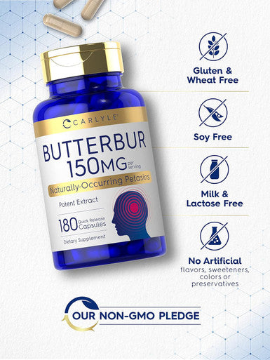 Carlyle Butterbur 150 mg | 180 Capsules | Potent Extract | Neurological Support Supplement | Non-GMO Gluten PA
