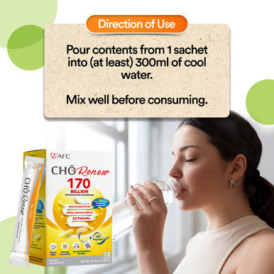 AFC Japan Cho Renew -170 Billions Patented Probiotics, 3X More Effective, with Silk Peptide & Fiber, for Clearer Skin, Stomach Resistant, No Need for Refrigeration, 15 sachets