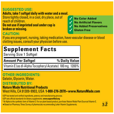 Nature Made Vitamin E 180 Mg (400 Iu) Dl-Alpha Dietary Supplement For Antioxidant Support 300 Softgels 300 Day Supply