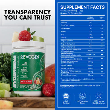 Evogen Evogreens - Super Greens Powder | Promotes Recovery Wellness & Immune Health | Greens Superfood Powder with Spirulina Probiotics Pomanox Pomegranate Extract | Fruit Punch | 30 Servings