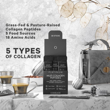 Codeage Multi Collagen and Biotin 10000 mcg + Vitamin C B6 & D3 Keratin Hyaluronic Acid Niacin 18 Amino Acids - Stick Packs Supplement - 5 Types Collagen Protein 30 Powder Packets