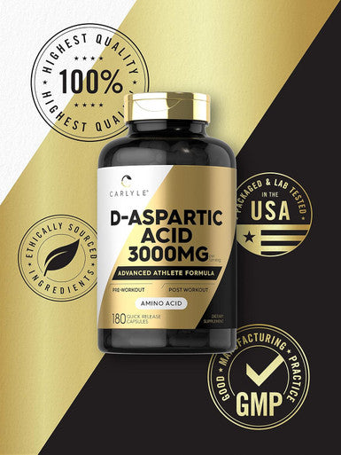 Carlyle D Aspartic Acid Capsules (DAA) | 3000mg | 180 Count | Non-GMO Gluten Supplement | Advanced Athlete Formula