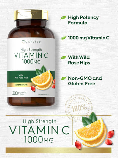 Carlyle Vitamin C 1000mg | 300 Vegetarian Caplets | Ascorbic Acid with Wild Rose HIPS | High Strength Formula | Non-GMO and Gluten Supplement