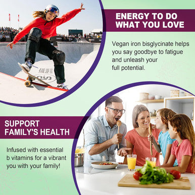 Vegan Iron Supplement Gummies - High Absorption Chelated Bisglycinate Iron With Vitamin C, B-Complex, Folate For Energy, Blood Building Iron Filled Gummies For Adults & Kids - No Aftertaste, 60 Cts