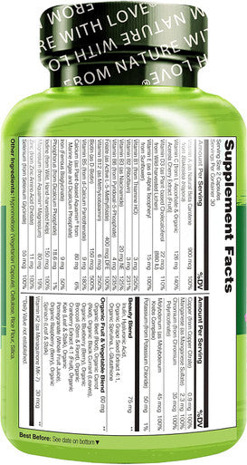 NATURELO Whole Food Multivitamin with Extra Hair, Skin and Nails Support Ãƒâ€šÃ¢â‚¬â€œ Beauty Blend with Hyaluronic Acid & Grape Seed - High Potency Biotin , Vitamin C , and Glutathione - 60 Vegan Capsules