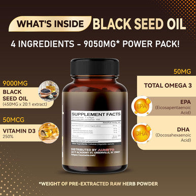 Aumeto Organic Black Seed Oil - 150 Softgel - 100% Cold Pressed Source of Omega 3 (EPA + DPA) - Skin Hair Immune Support (150 Count (Pack of 1))