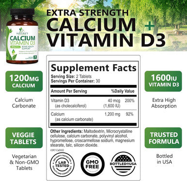 Calcium 1200 Mg With Vitamin D3, Calcium Supplement Vitamins, Supports Bone Strength, Teeth & Immune System, Calcium Supplements For Women & Men, Nature'S Absorbable Calcium Carbonate - 60 Tablets