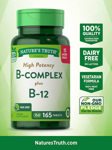 Vitamin B Complex | Plus B12 | 165 Tablets | Vegetarian, Non-GMO & Gluten | by Nature's Truth